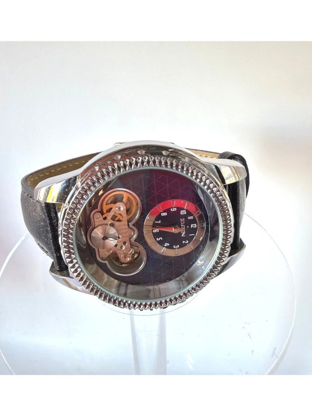 Elgin Mens Watch Automatic FG7080B Caseback Skeleton Genuine Leather Strap -2